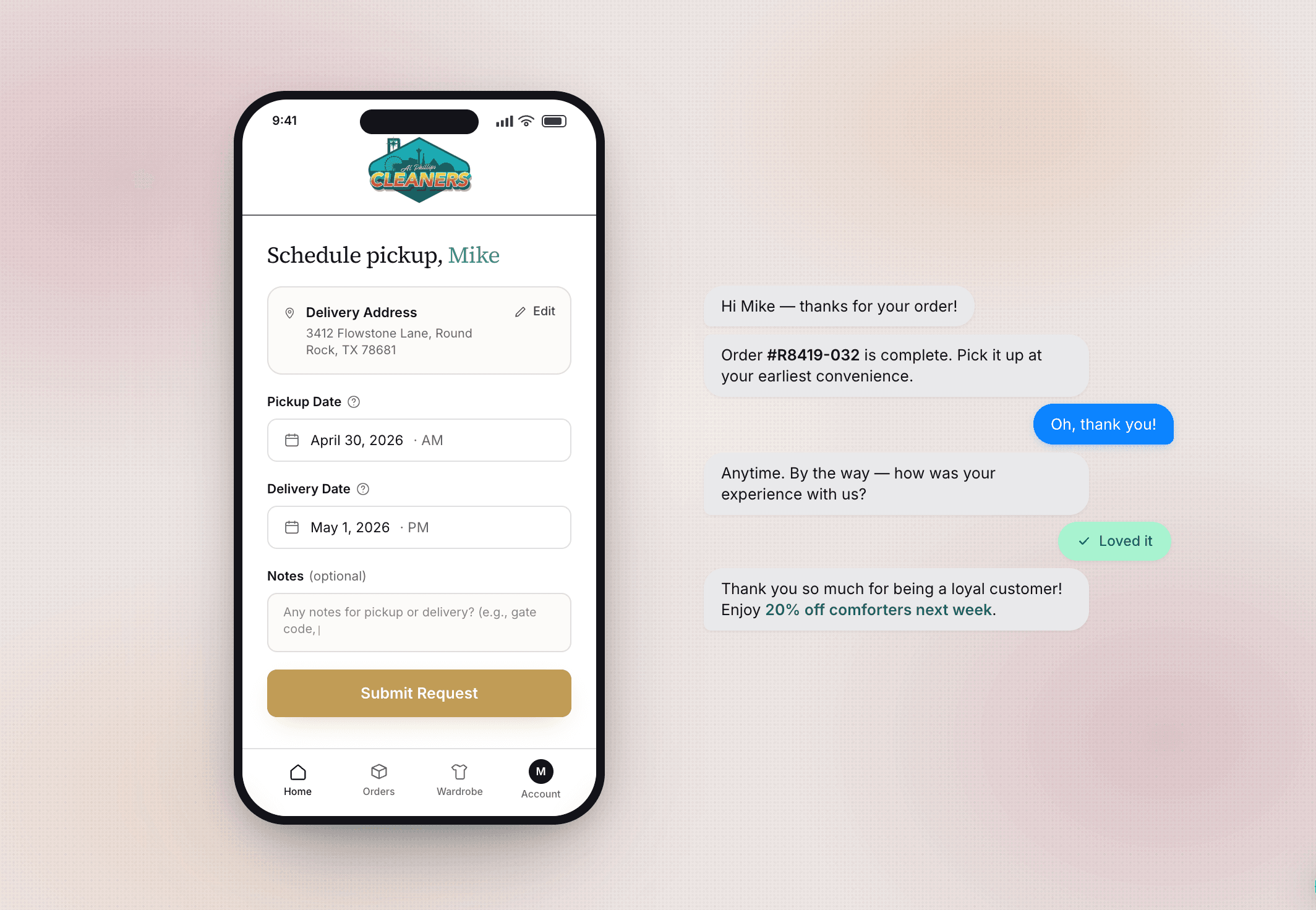 Magnoli.ai mobile pickup request and customer messaging flow