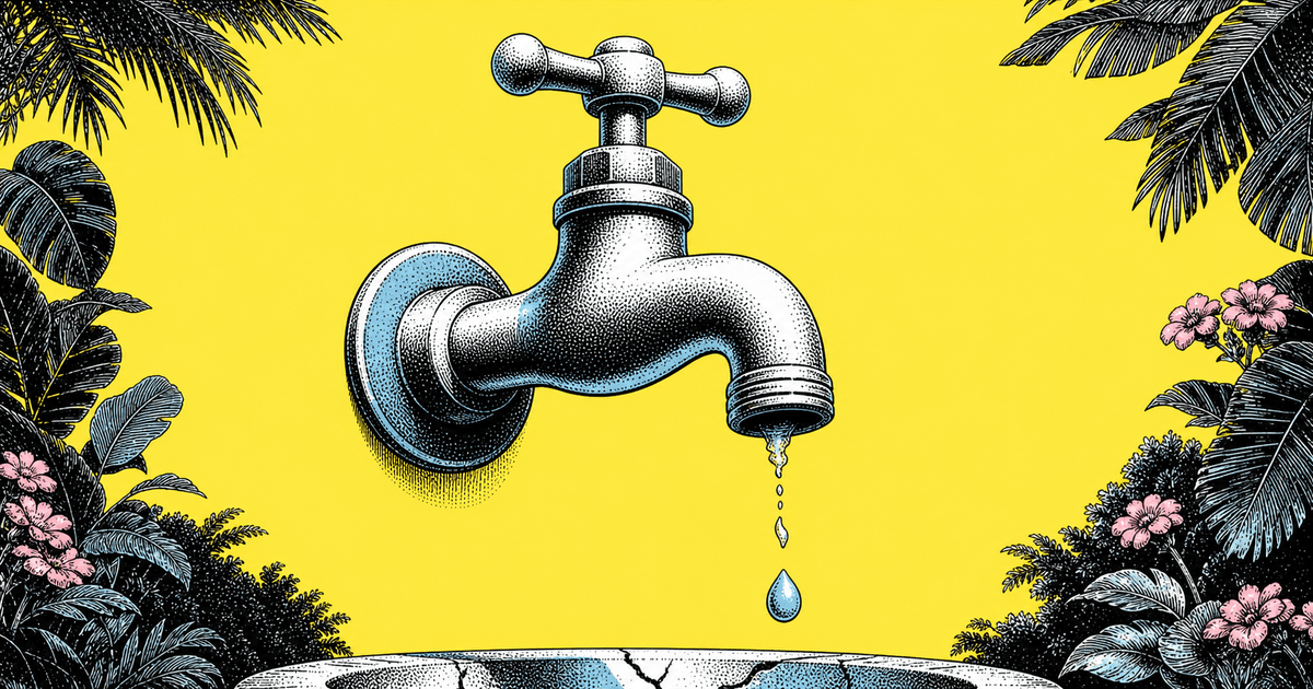 An engraved faucet running dry against a bright yellow background